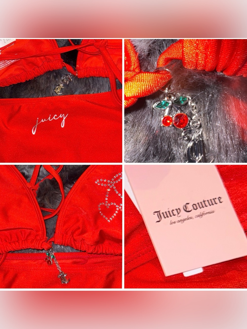 Juicy Couture NWT 3-Piece Rhinestone Cherry
Bikini & Sarong Set - Red
